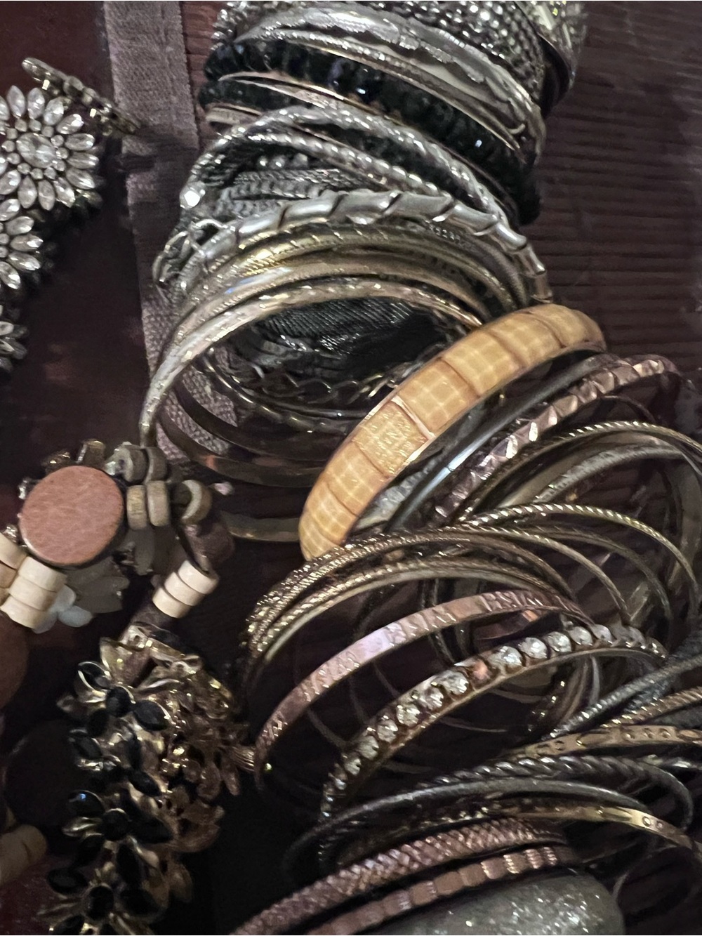 Stackable Mixed Metal and Beige Bangle Bracelet Set